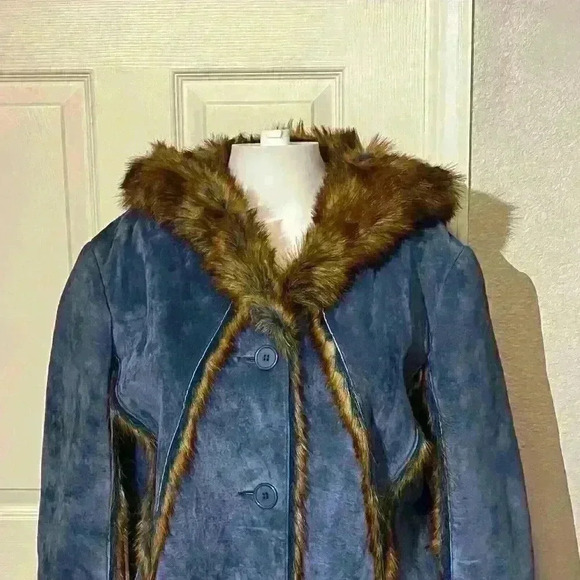 The LOOK Randolph Duke Womens Suede & Faux Fur Blue Fox Jacket Hood Size Large - Picture 7 of 16